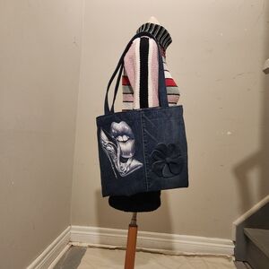 Elegant Handmade Denim Tote Bag With Custom Iron-on Transfer And Handmade Flower